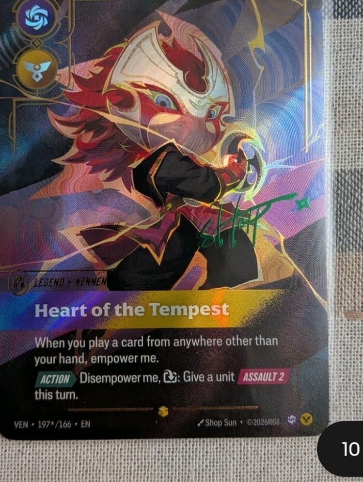 Kennen, Heart of the Tempest — a real Riftbound Signature card, the kind of premium print worth careful handling