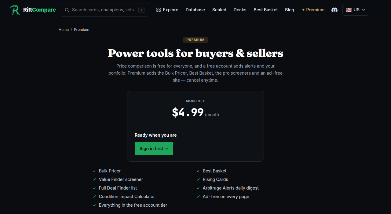 The RiftCompare Premium pricing card — $4.99/month, plus the full list of what's included