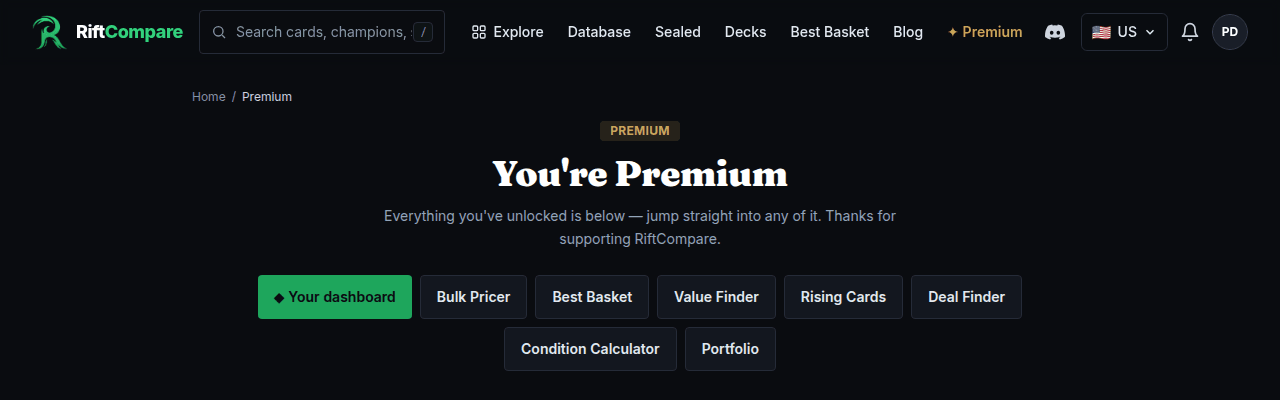 RiftCompare Premium's member dashboard: quick links to every unlocked tool