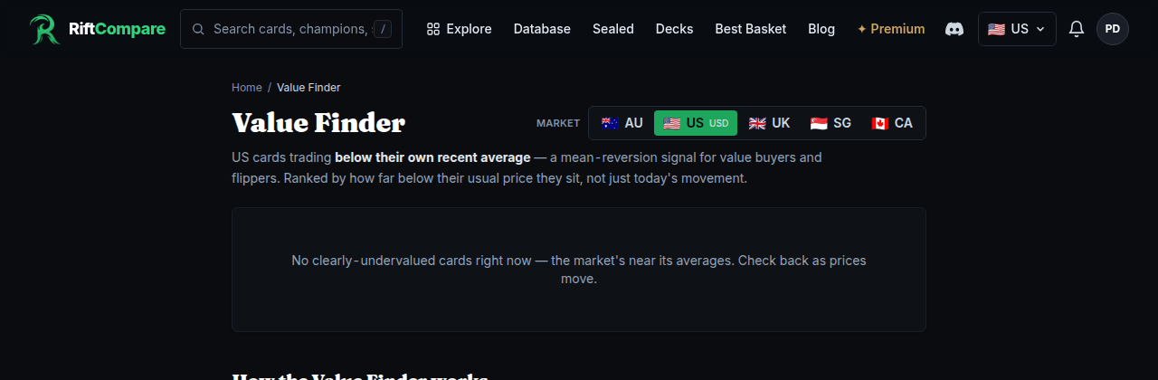 The Value Finder tool — a screener for Riftbound cards trading below their own 30-day average price