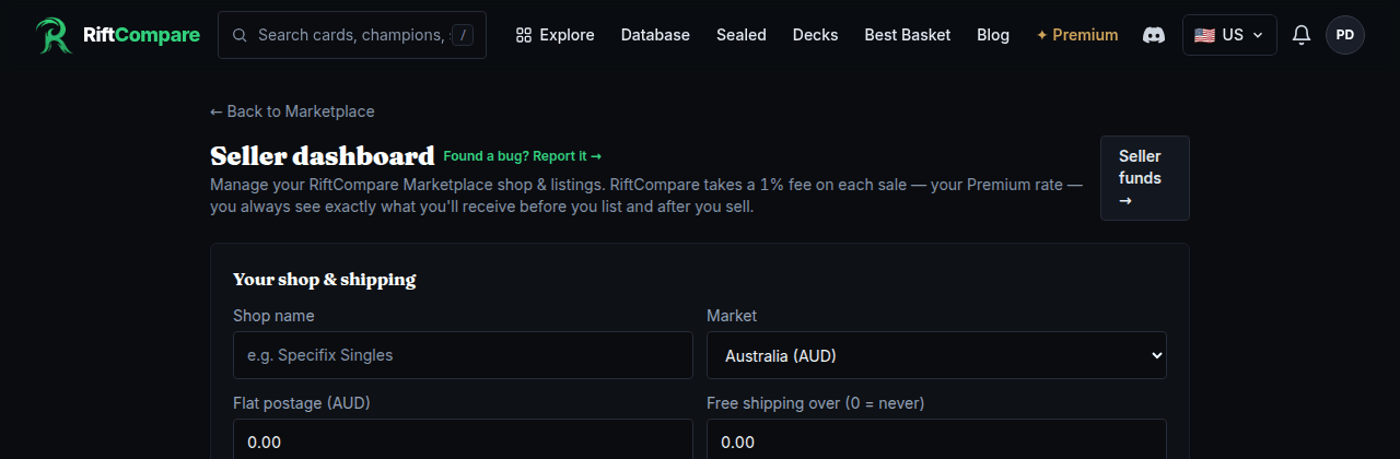 The RiftCompare Marketplace seller dashboard confirming the Premium 1% fee rate, down from the standard 2%