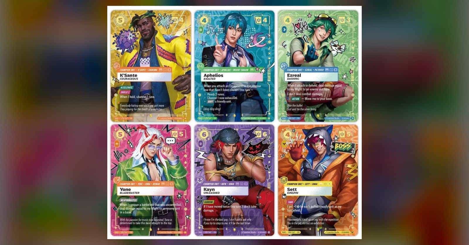 Riot's official HEARTSTEEL overnumbered cards for Riftbound: Radiance — K'Sante, Aphelios and Ezreal on the top row, Yone, Kayn and Sett below, numbered RAD 178/167 to 183/167