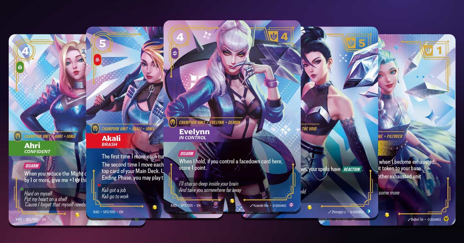 The five Riftbound: Radiance K/DA special cards fanned out: Ahri, Confident; Akali, Brash; Evelynn, In Control; Kai'Sa, Rebel and Seraphine, Not Alone, numbered SP1 to SP5 of 005