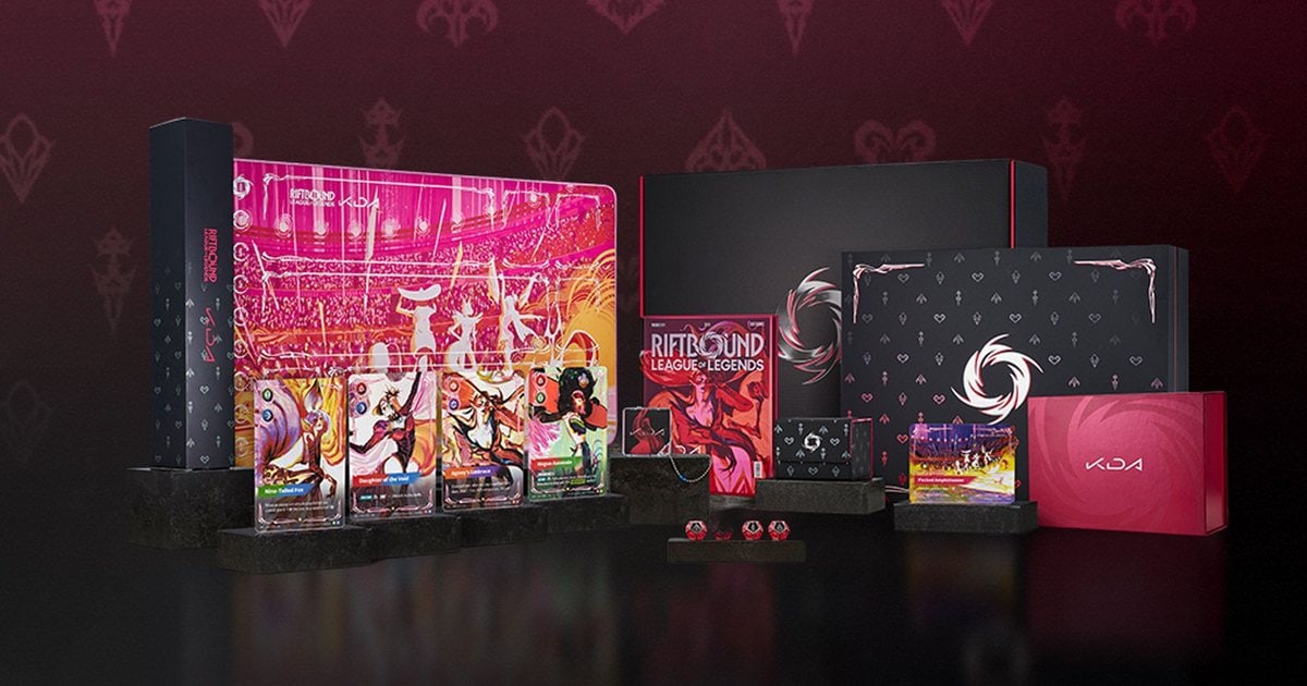 The Riftbound x K/DA Couture Collection laid out: four K/DA Legend cards, the K/DA playmat, deck box, sleeves, four metal D12 dice and the FIRESTARTER KiT keychain (image: Riot Games)