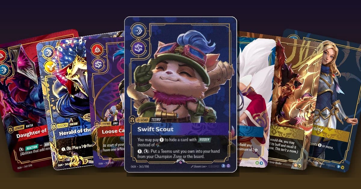 Riftbound metal cards fanned out: Kai'Sa, Viktor, Jinx, Teemo, Ahri, Sett and Lux in their metal Prize Wall and Best Of printings