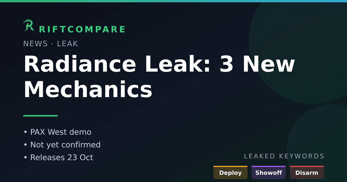 Riftbound Radiance leak — Deploy, Showoff and Disarm, three new mechanics shown at a PAX West demo table