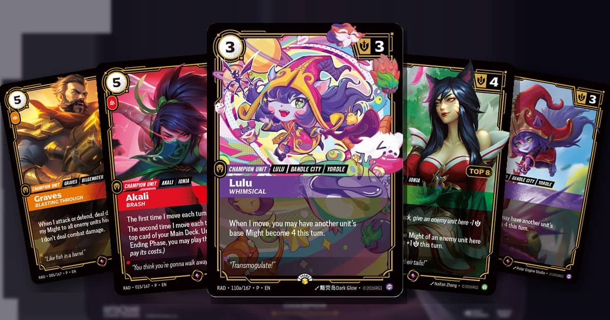 Riftbound Radiance promo cards: the Nexus Night Lulu 110a in front, with Graves, Akali Top 8, Ahri Top 8 and Lulu from Summoner Skirmish, over the Akali Champion playmat