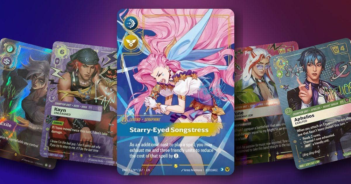 Seraphine, Starry-Eyed Songstress, the Riftbound: Radiance Signature 174*/167 signed by Anna Nikonova, in front of the Riven 173*, Kayn 182*, Yone 181* and Aphelios 179* Signatures