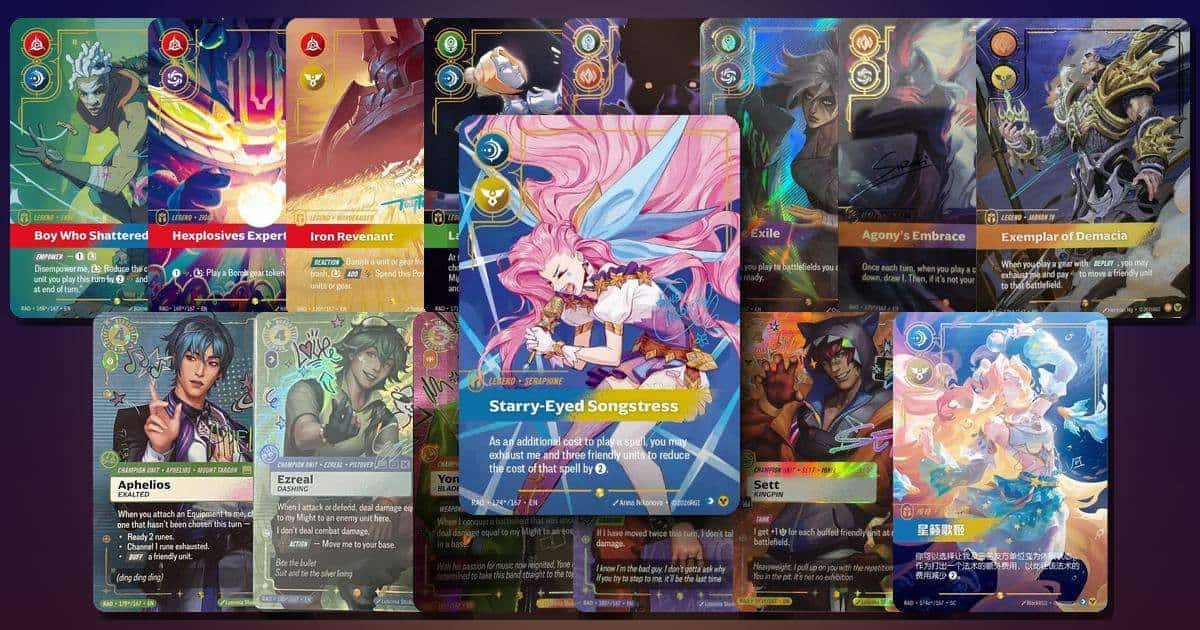All the Riftbound: Radiance Signature cards: the signed Legends 168* to 176* on the top row, the HEARTSTEEL Signatures and the Chinese-exclusive Seraphine 174a* below, with Seraphine 174*/167 in front