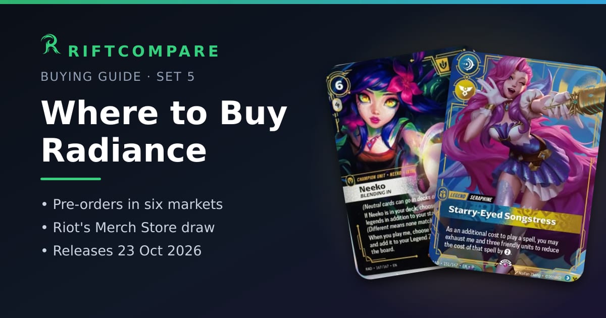 Where to buy Riftbound Radiance — the Neeko, Blending In and Seraphine, Starry-Eyed Songstress cards fanned beside the guide's title, releasing 23 October 2026