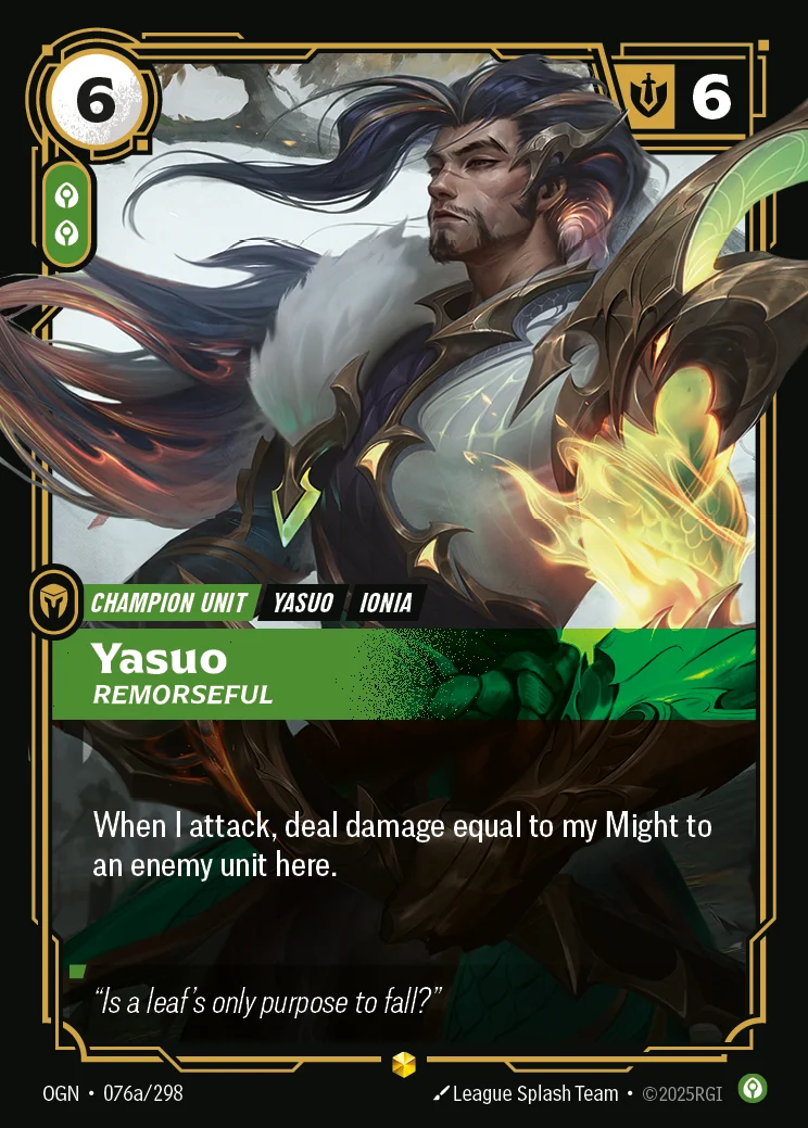 Yasuo, Remorseful — Riftbound Showcase card OGN 076a