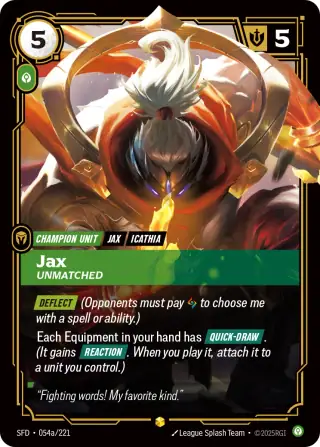 Jax, Unmatched — Riftbound Showcase card SFD 054a