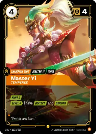 Master Yi, Tempered — Riftbound Showcase card UNL 113a