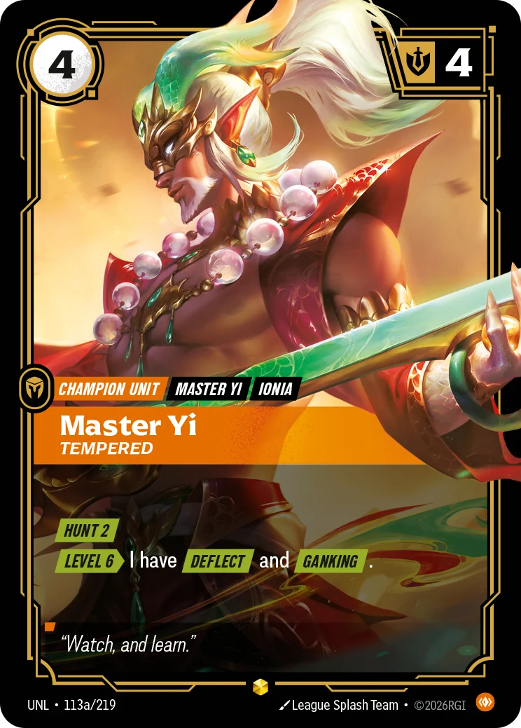 Master Yi, Tempered — Riftbound Showcase card UNL 113a