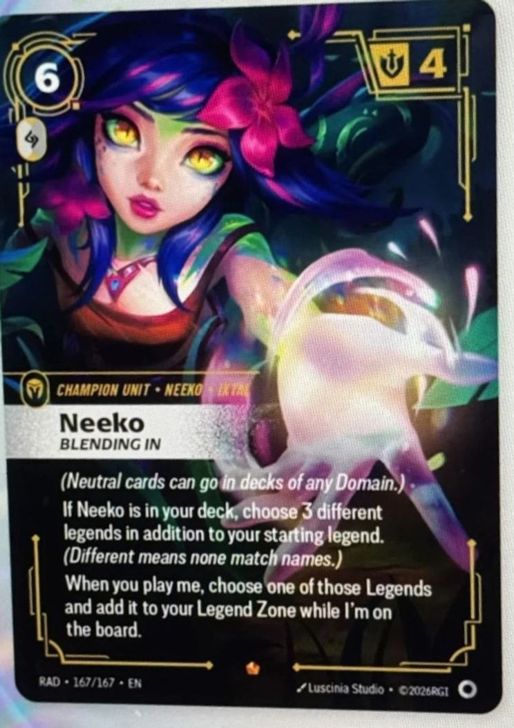 Riftbound Radiance spoiler — Neeko, Blending In, a 6-energy 4-Might Neutral Champion Unit numbered 167/167