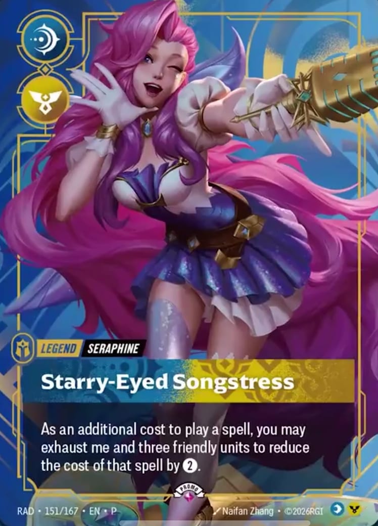 Riftbound Radiance spoiler β Seraphine's Legend, Starry-Eyed Songstress, numbered RAD 151/167, art by Naifan Zhang