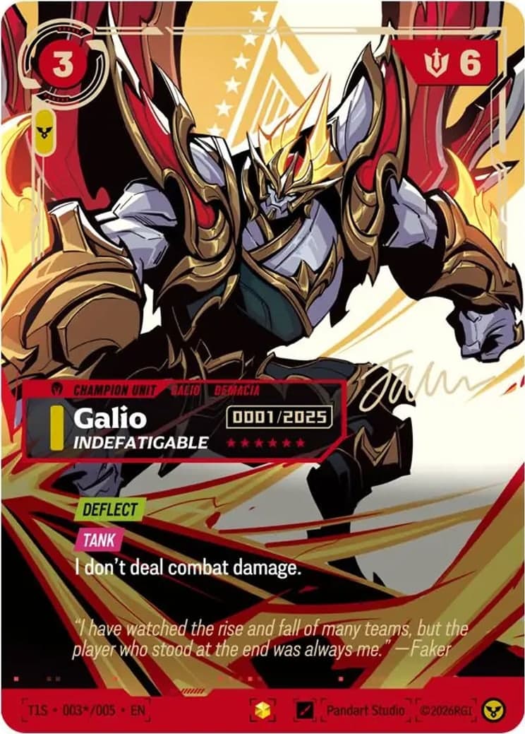Faker's serialised Galio, Indefatigable from the T1 2025 Worlds Champion Signature Edition, showing the 0001 of 2025 serial box and gold-stamped signature