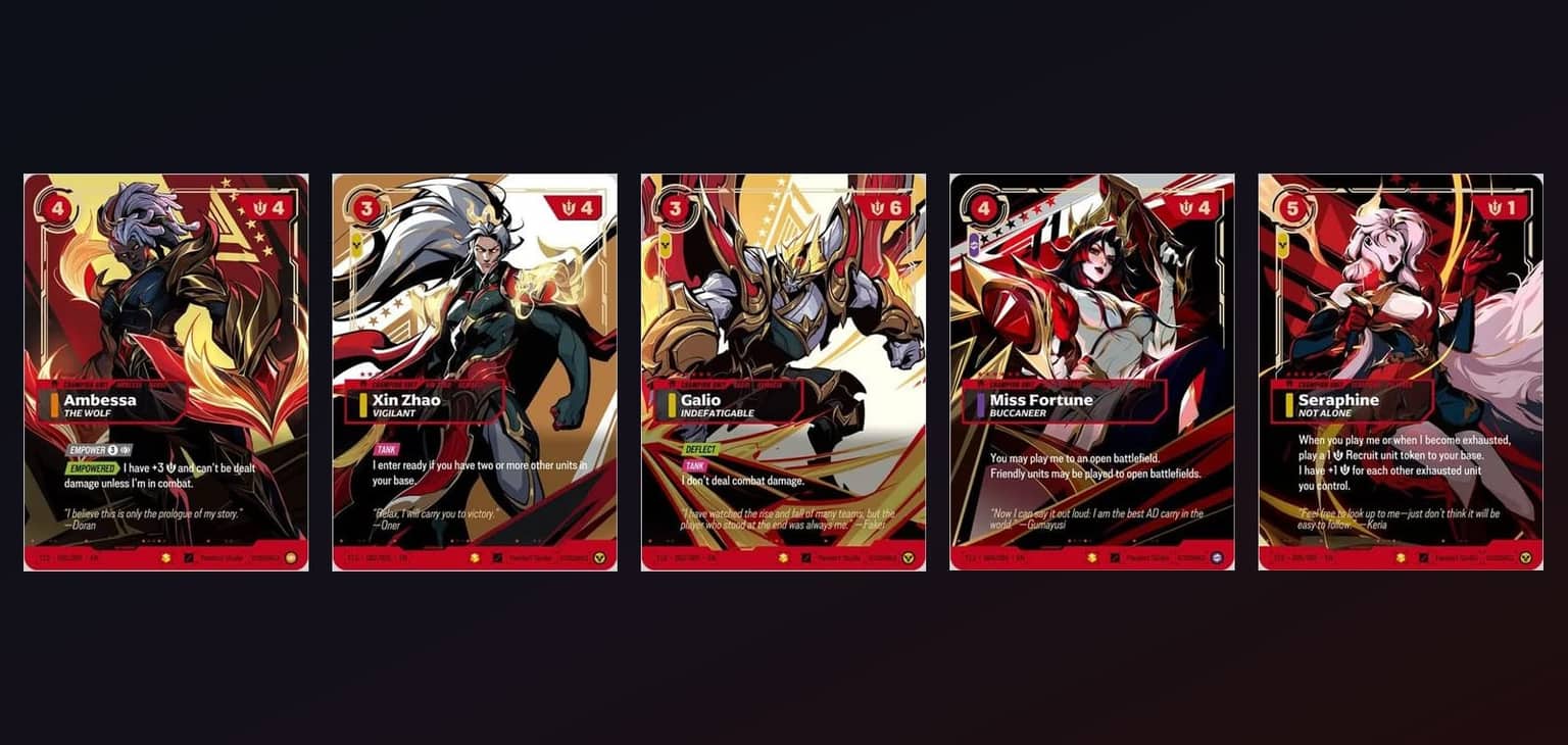 The five Riftbound x T1 2025 Worlds Champion Collection cards side by side: Ambessa The Wolf, Xin Zhao Vigilant, Galio Indefatigable, Miss Fortune Buccaneer and Seraphine Not Alone