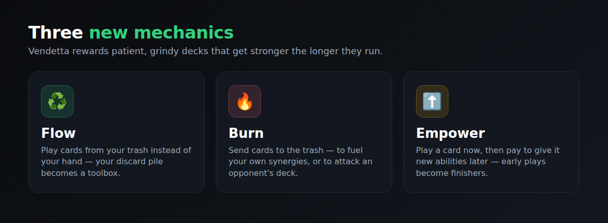 Vendetta's three new mechanics — Flow, Burn and Empower